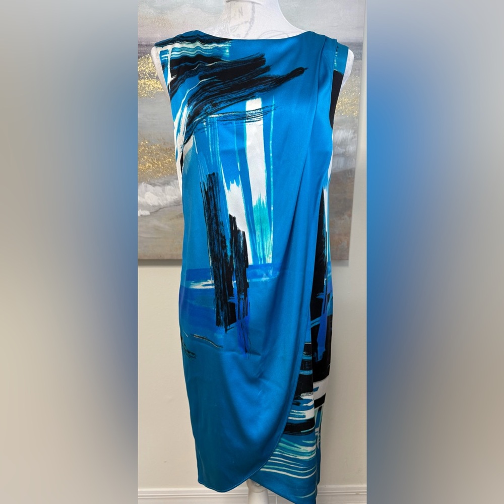 ST JOHN Brushstroke Stretch Silk Charmeuse Draped Cyan/Black Dress, Size 2 - Picture 2 of 16